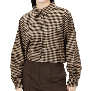 Dee Elly S NEW Womens Brown Check Cropped Shirt Button Front Neutral Boxy